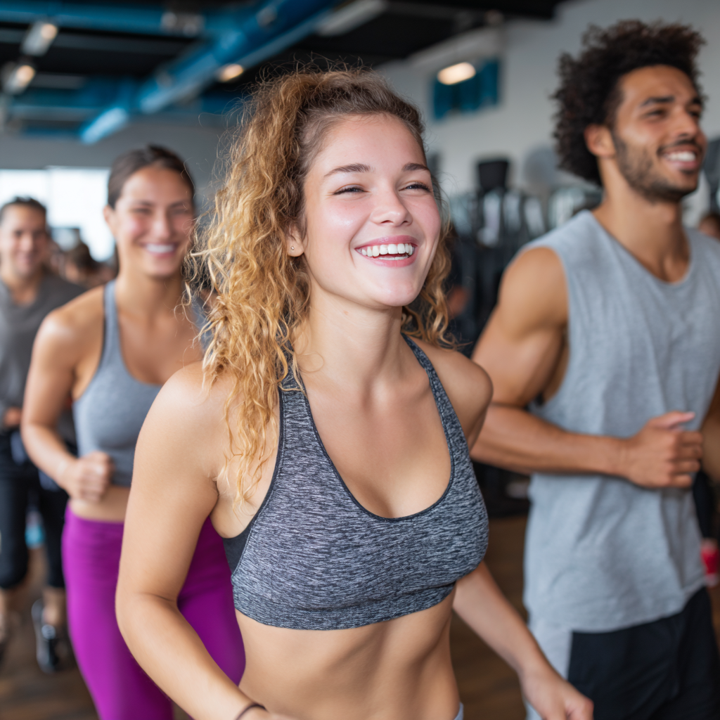 Mosolygó magyar felnőttek különböző korcsoportokból egy modern fitneszteremben edzés közben